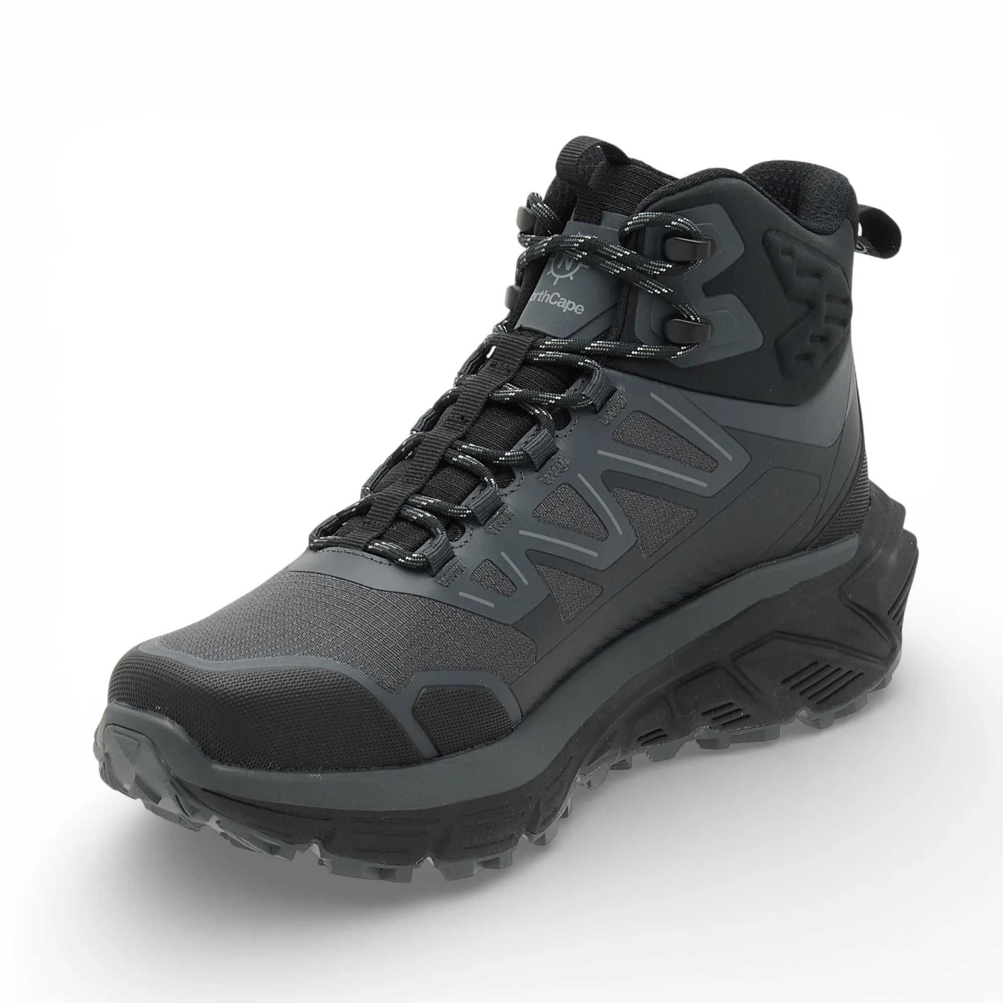 Gray and black hiking boot on a white background