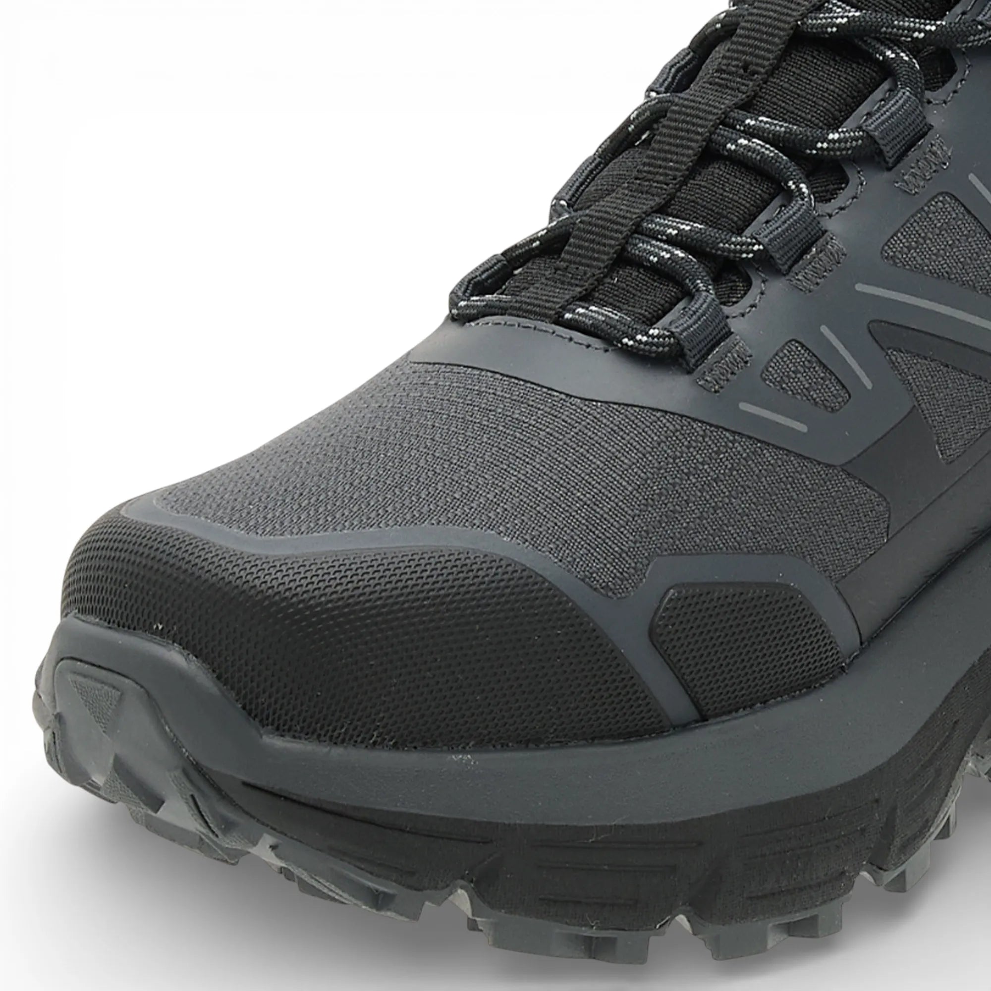 Gray hiking boot with black laces on a white background