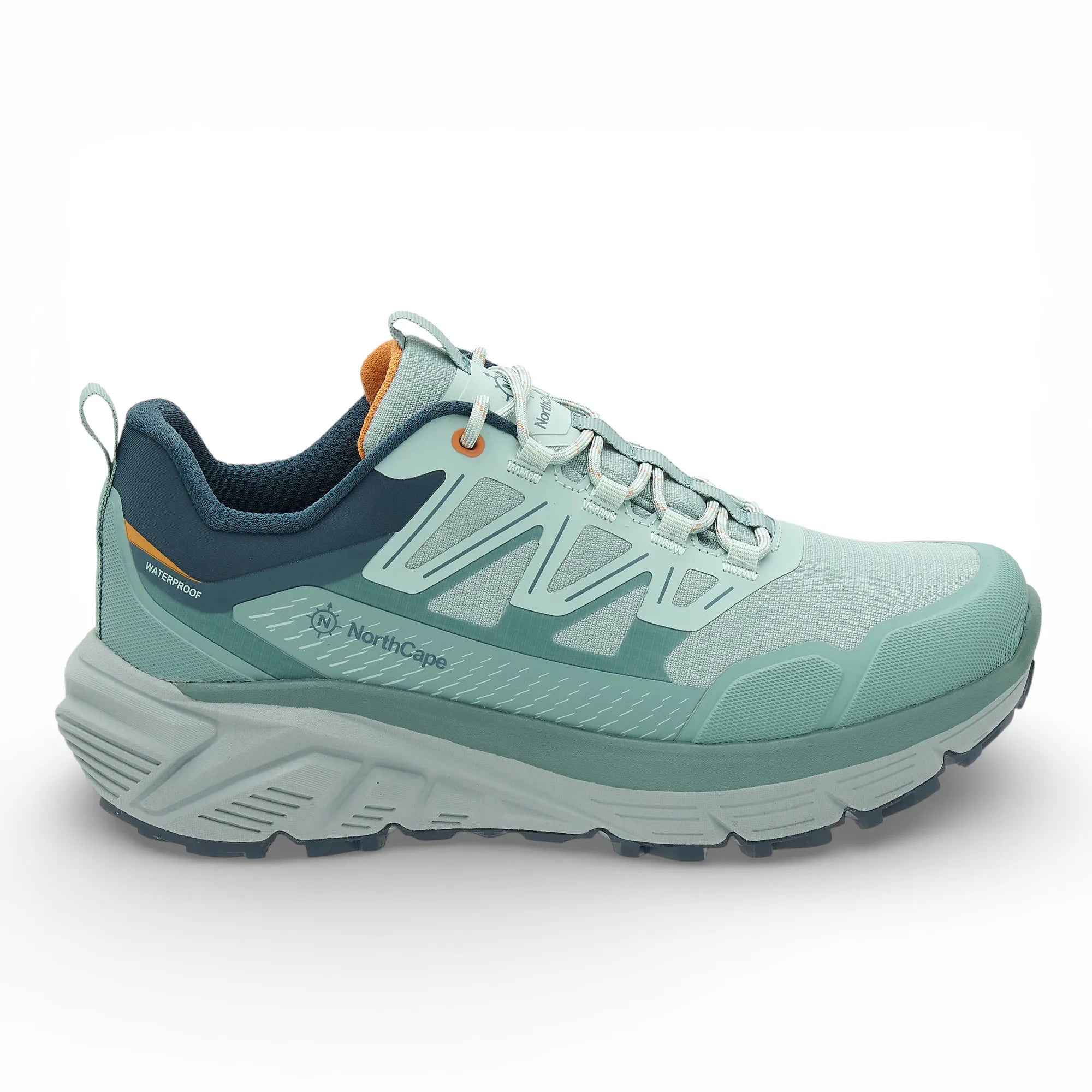 Green hiking shoe with 'North Cape' branding on a white background