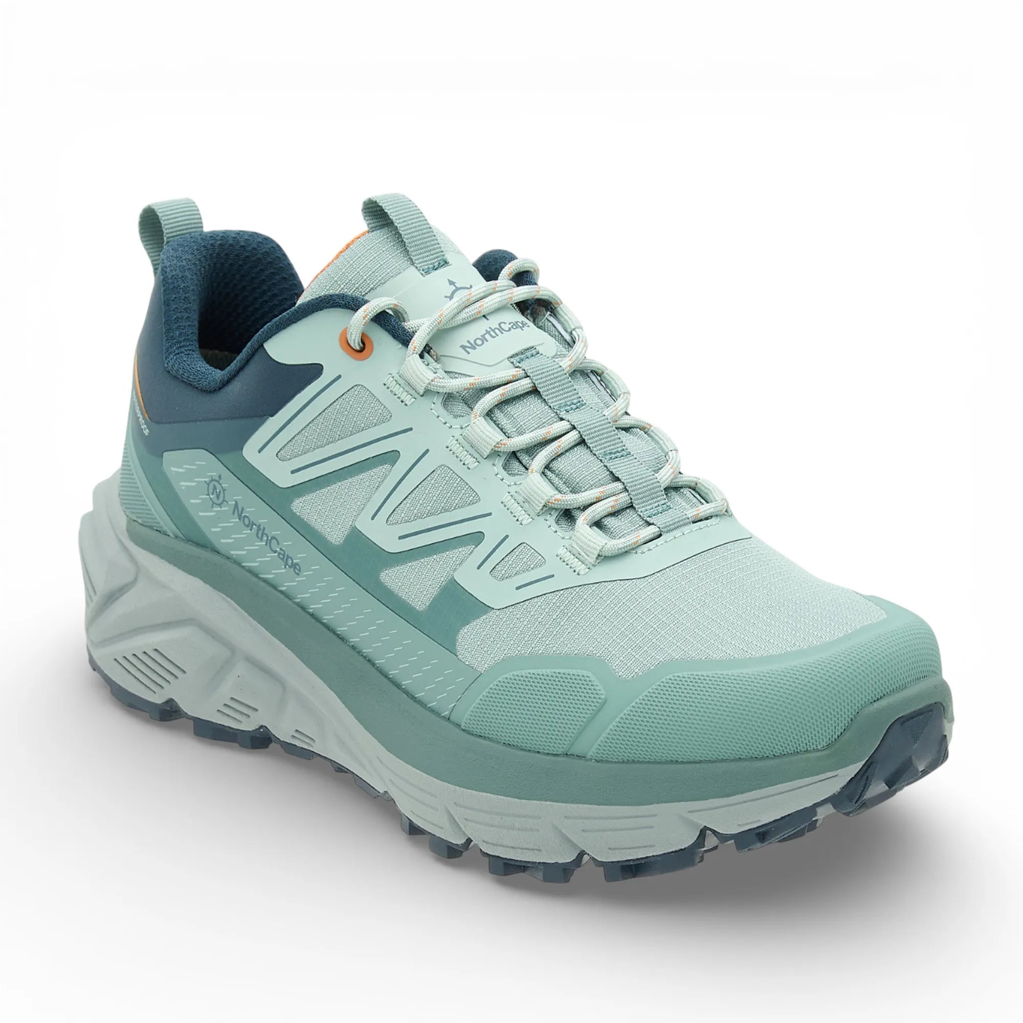 Green hiking shoe with 'North Cape' branding on a white background