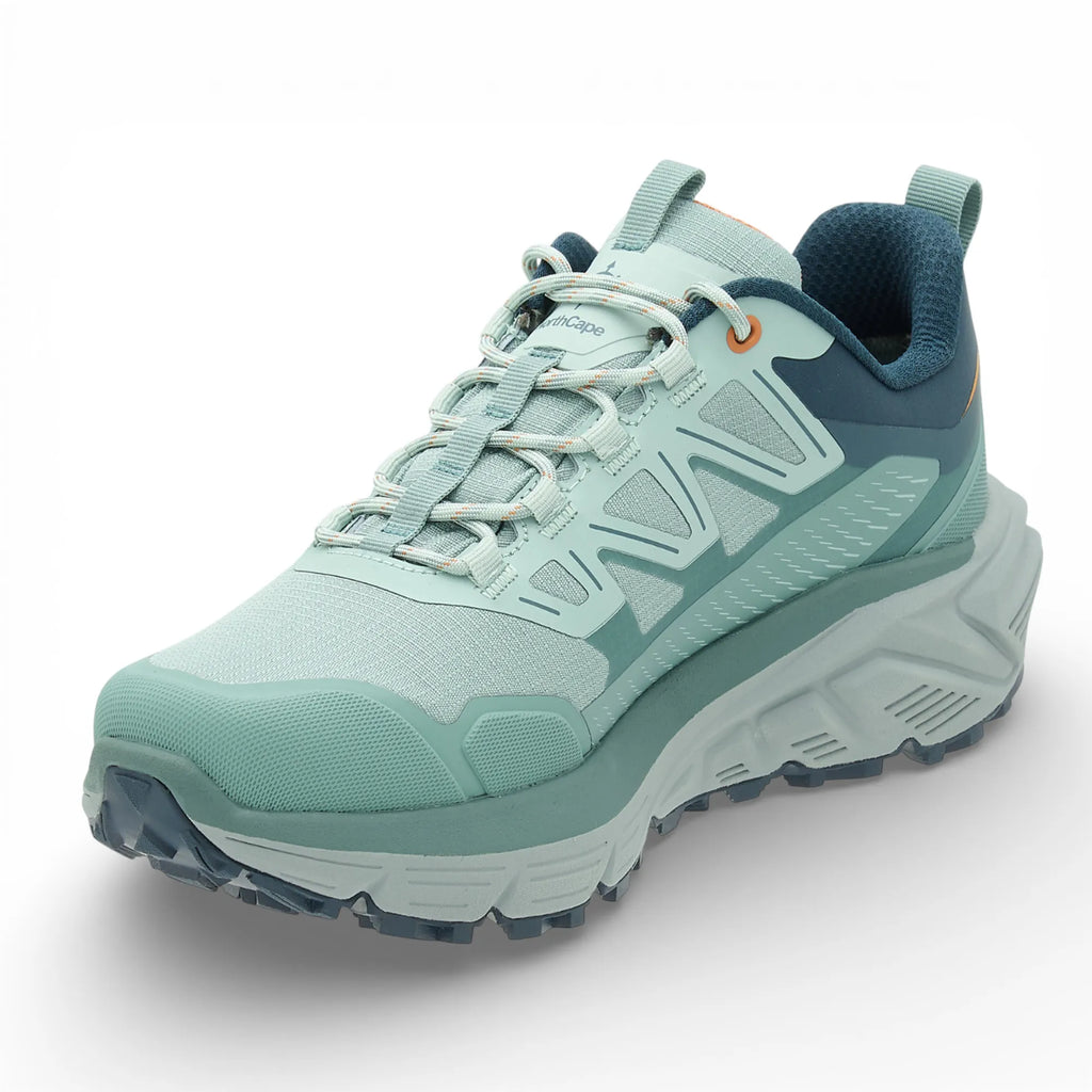 Green hiking shoe with 'North Cape' branding on a white background