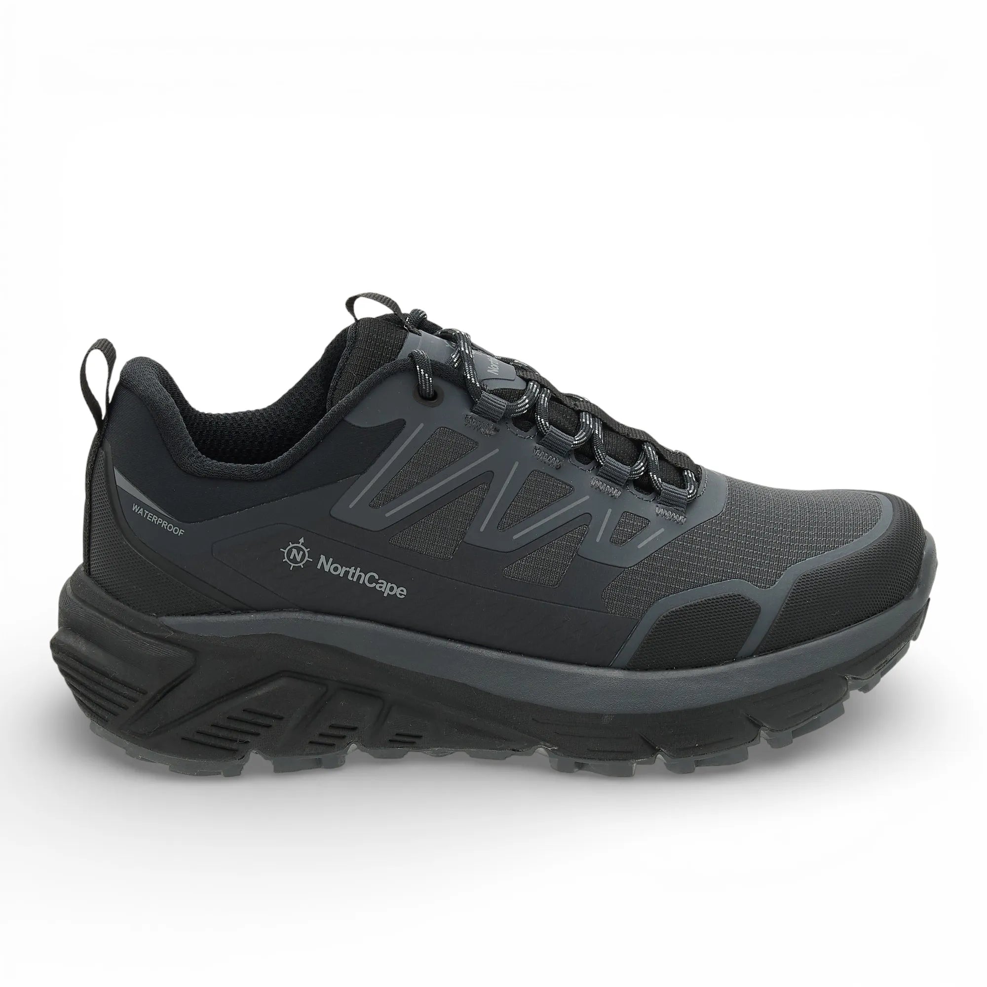 Black hiking shoe with visible brand logo on a white background