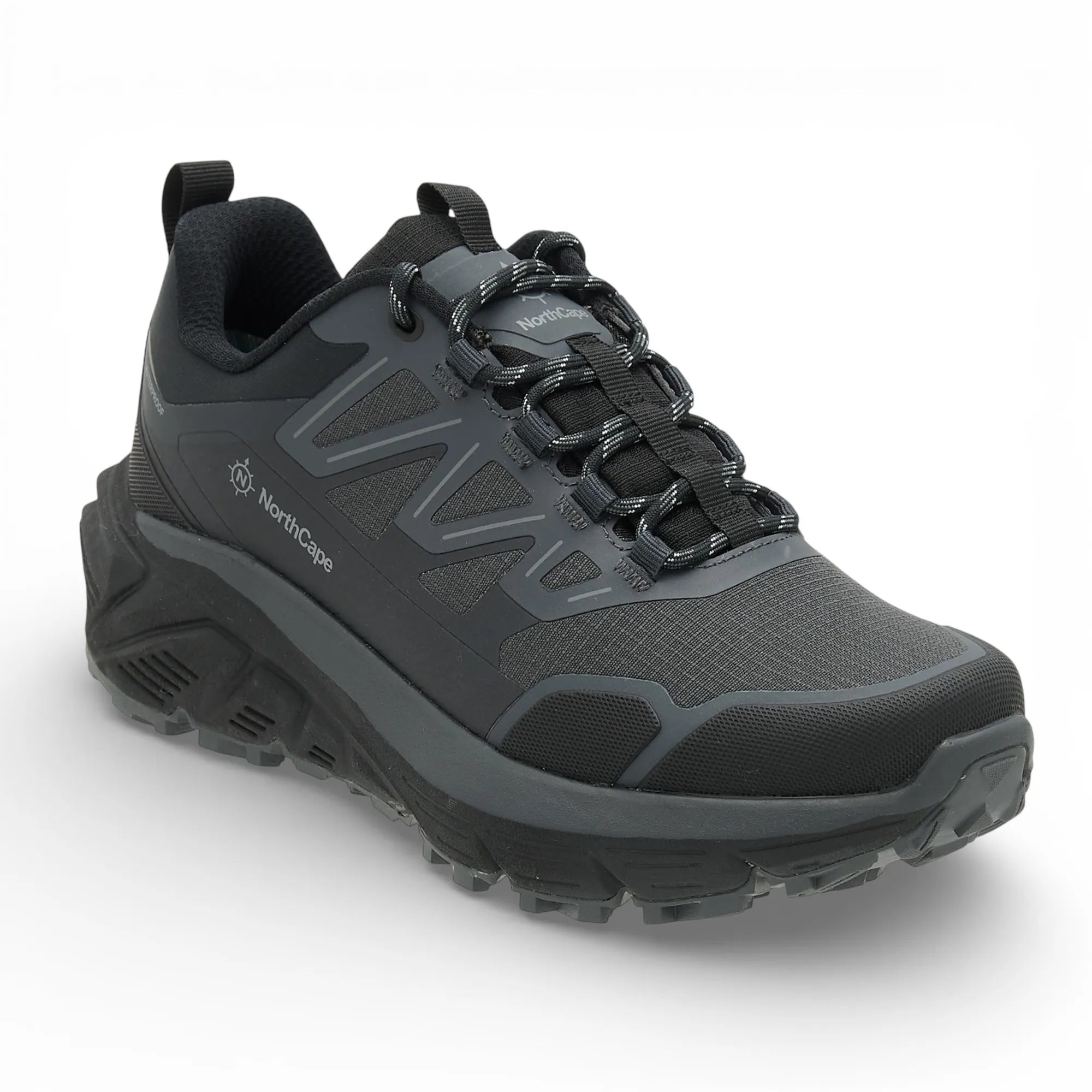 Black hiking shoe with visible brand logo on a white background