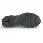 Close-up of a black shoe sole with tread pattern on a white background