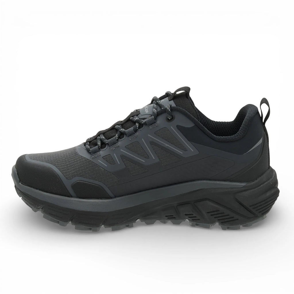 Black hiking shoe with visible brand logo on a white background