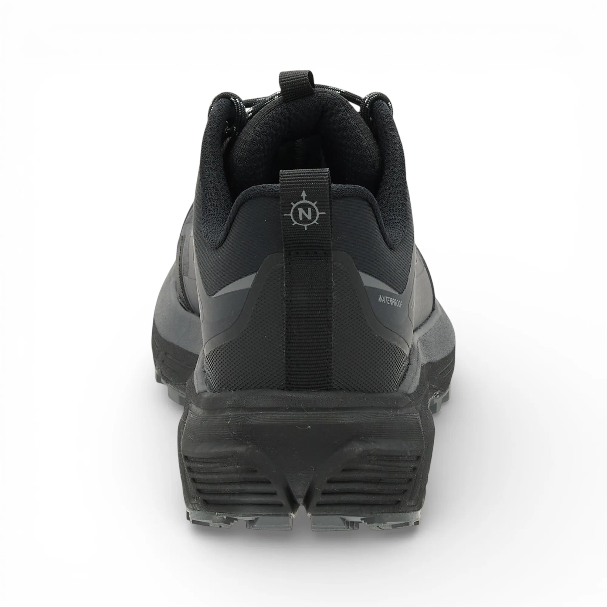 Black hiking shoe with visible brand logo on a white background