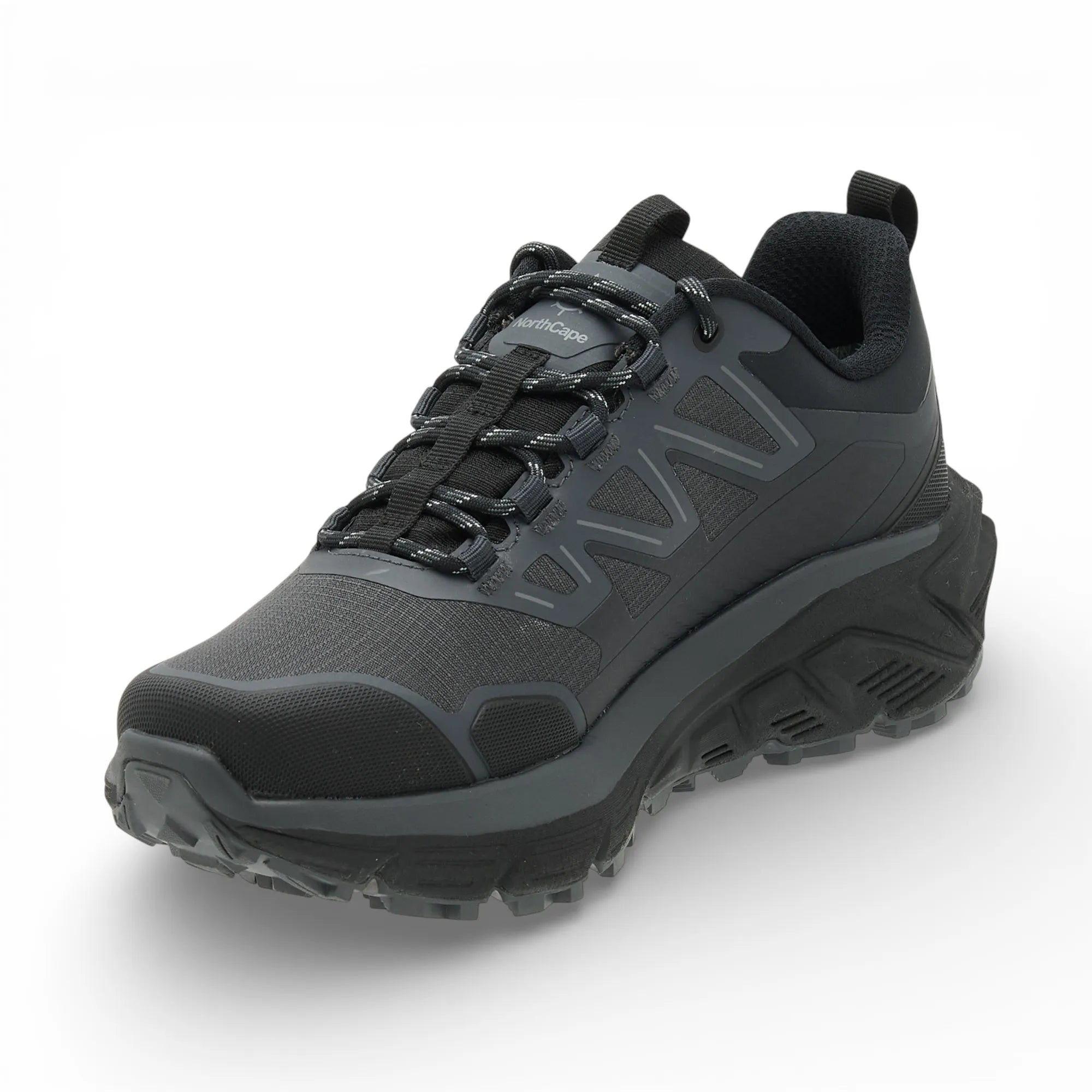 Black hiking shoe with visible brand logo on a white background