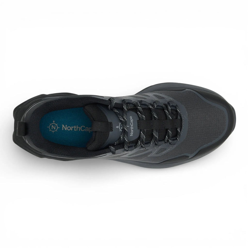 Black hiking shoe with visible brand logo on a white background