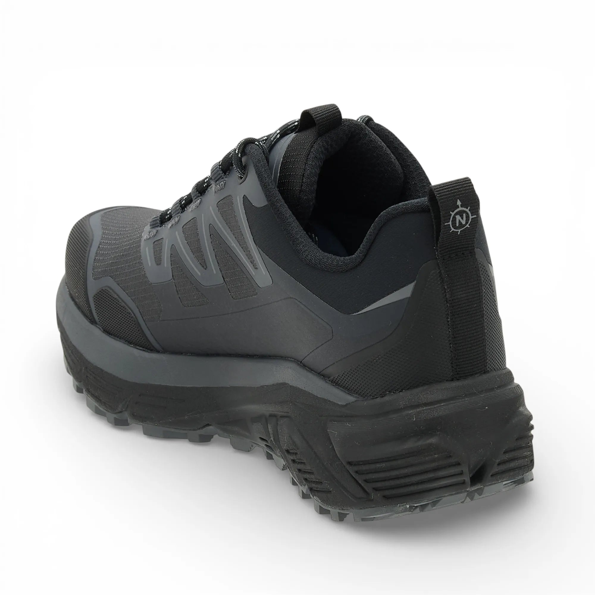 Black hiking shoe with visible brand logo on a white background