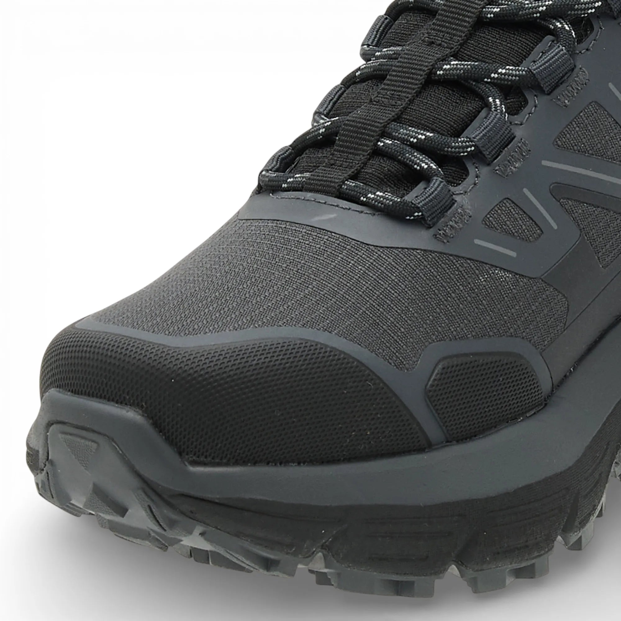 Black hiking shoe with visible brand logo on a white background