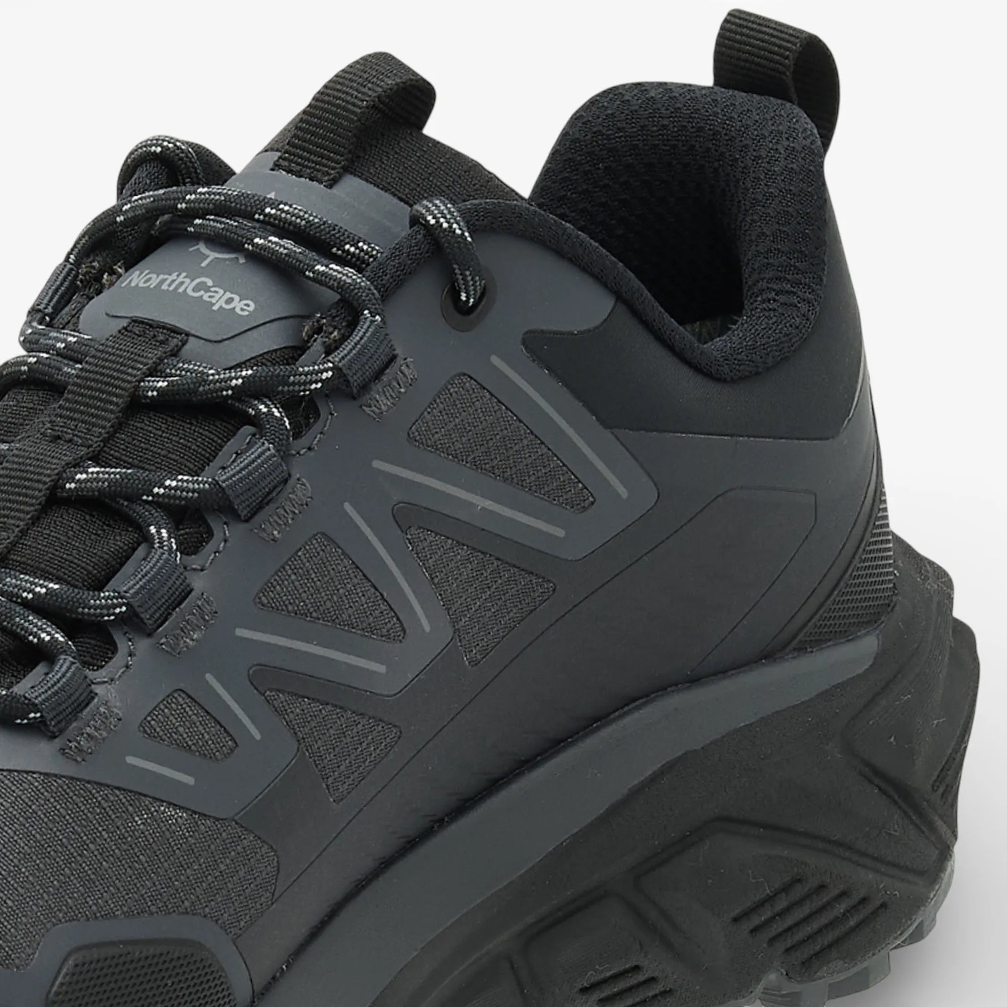Black hiking shoe with visible brand logo on a white background