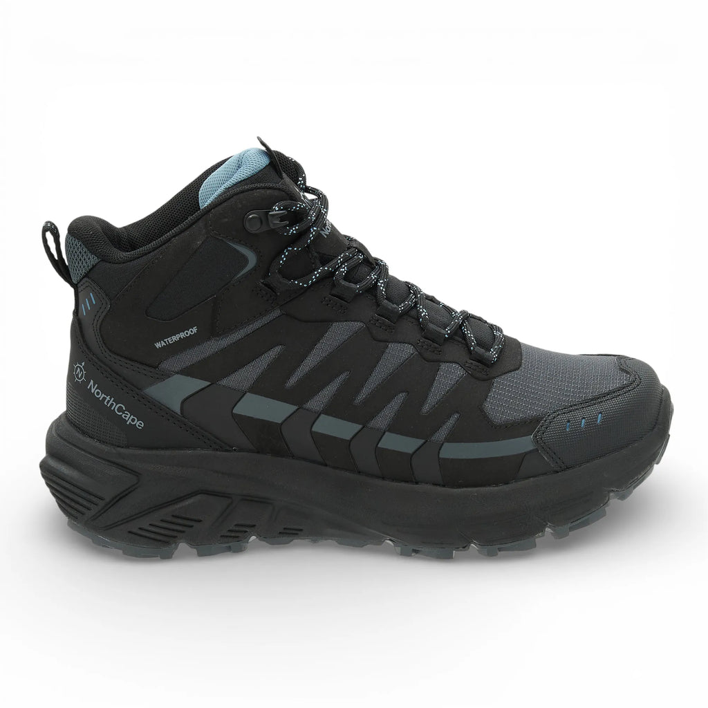 Black hiking boot with visible brand logo on a white background