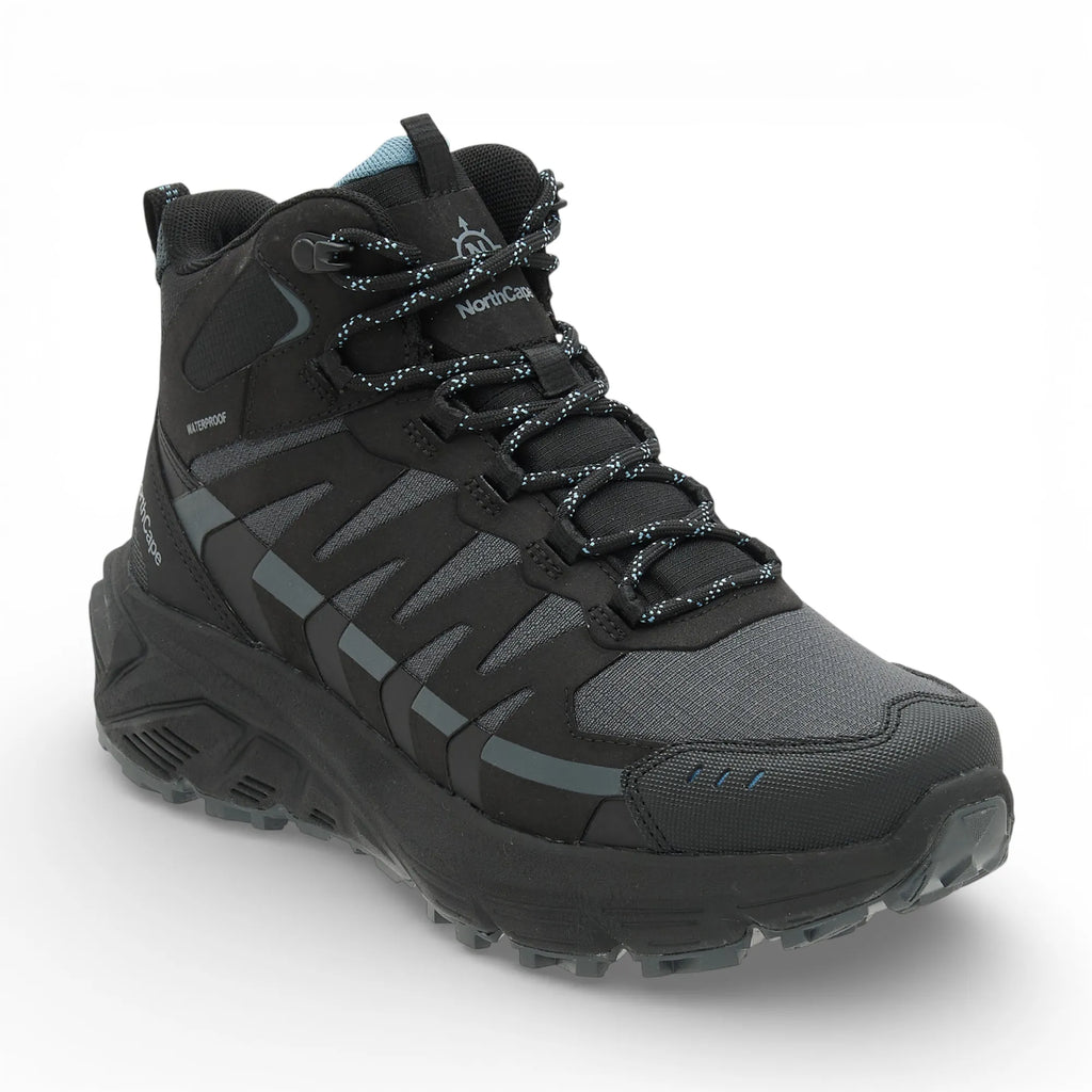 Black and gray hiking boot on a white background