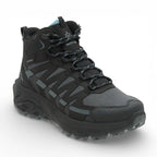 Black and gray hiking boot on a white background