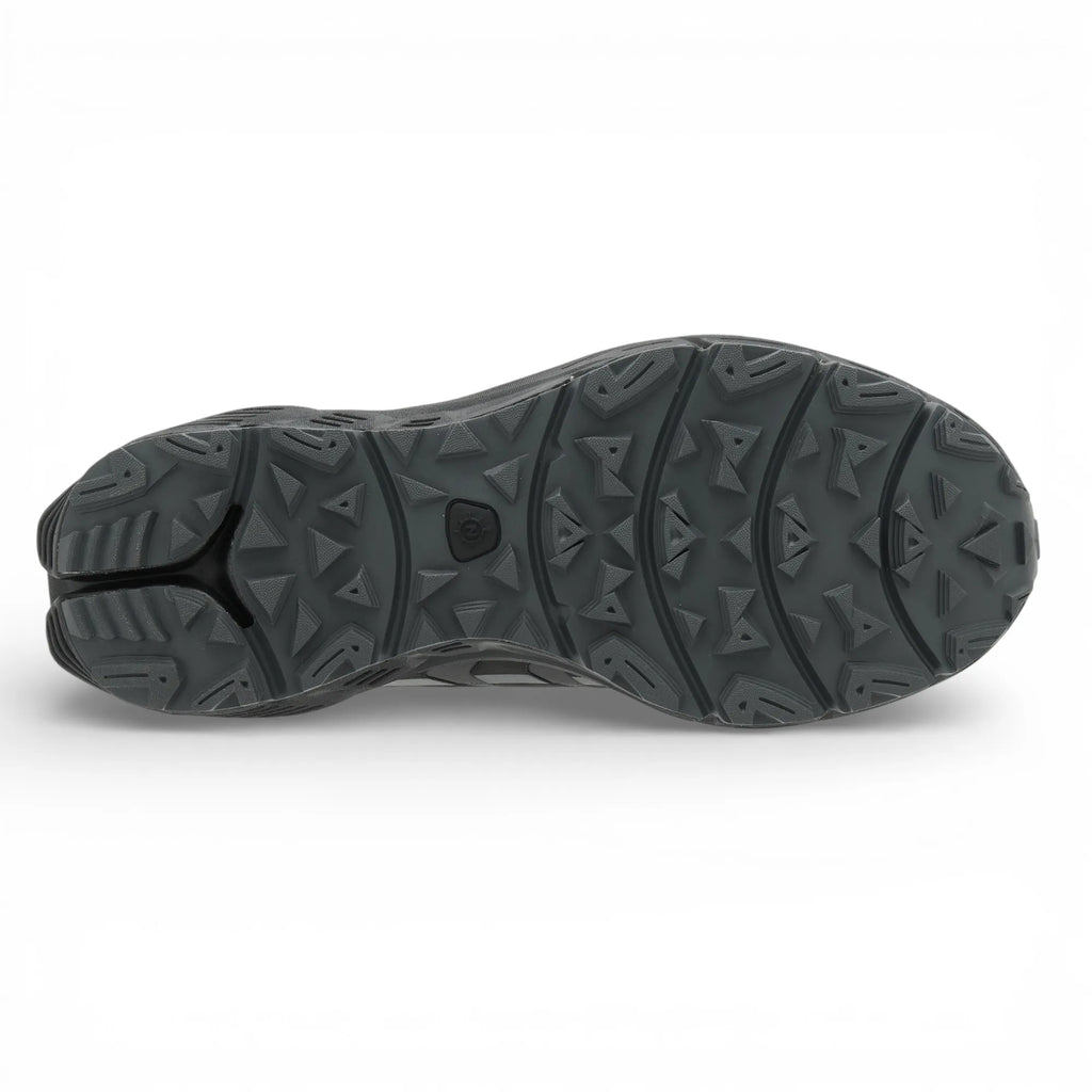 Close-up of a black shoe sole with tread pattern on a white background