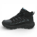 Black hiking boot with gray accents on a white background