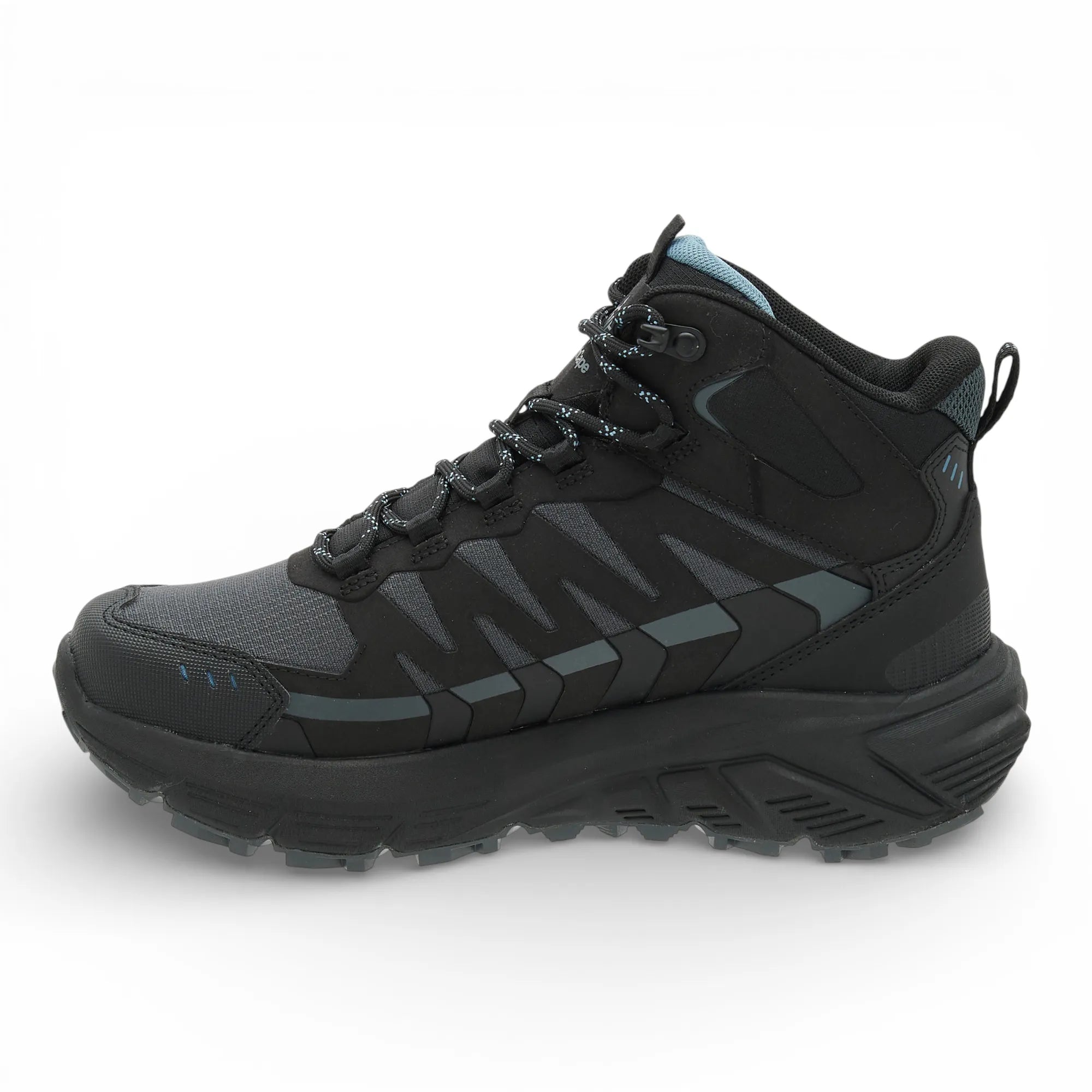 Black hiking boot with gray accents on a white background
