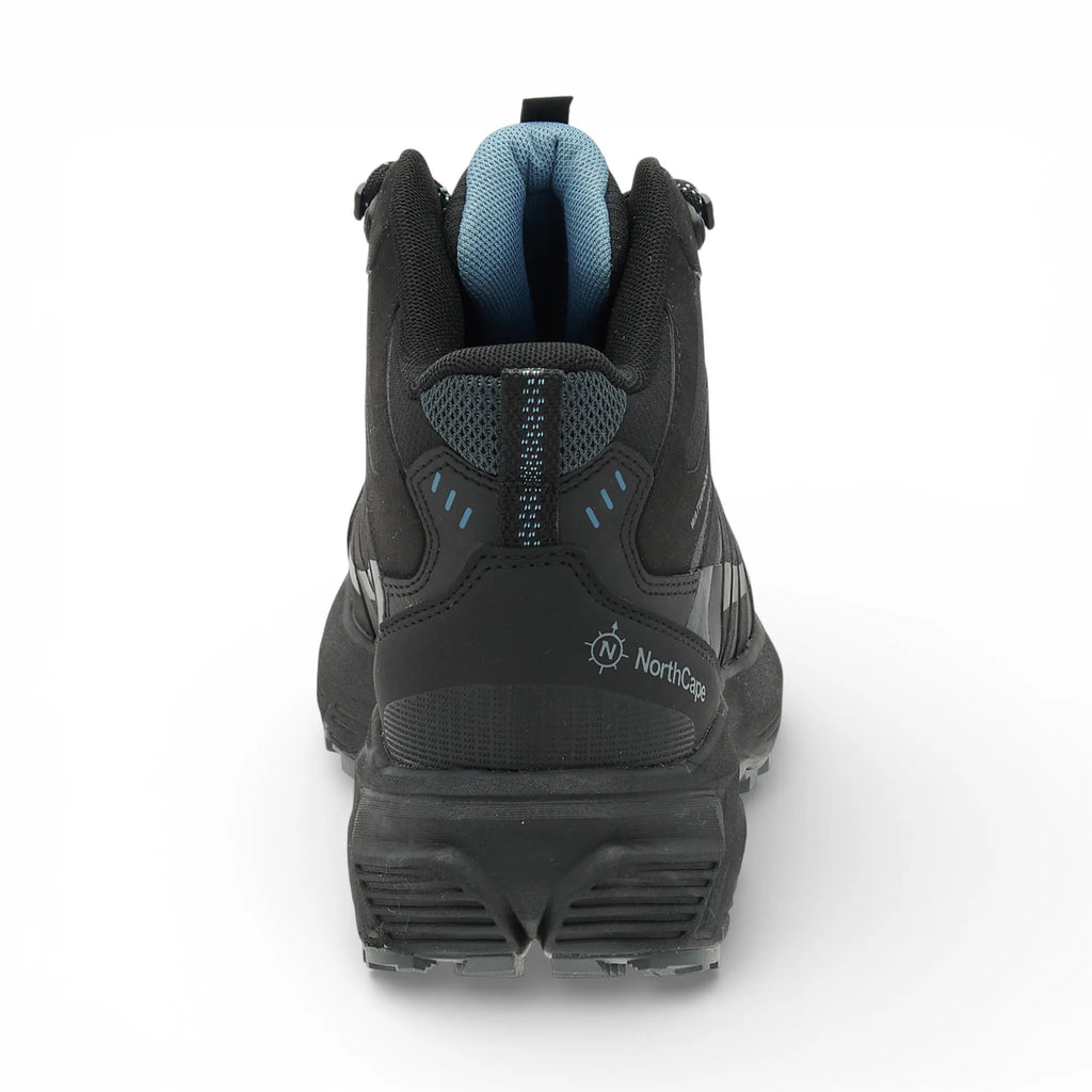 Black hiking boot with visible brand logo on a white background