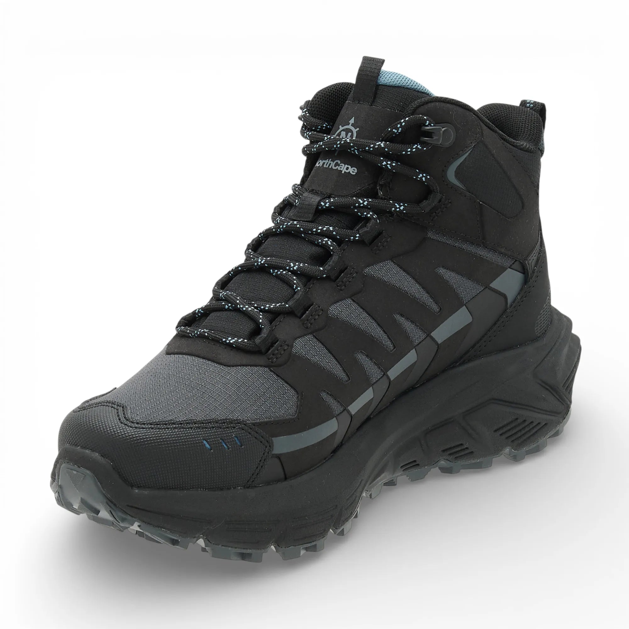 Black and gray hiking boot on a white background