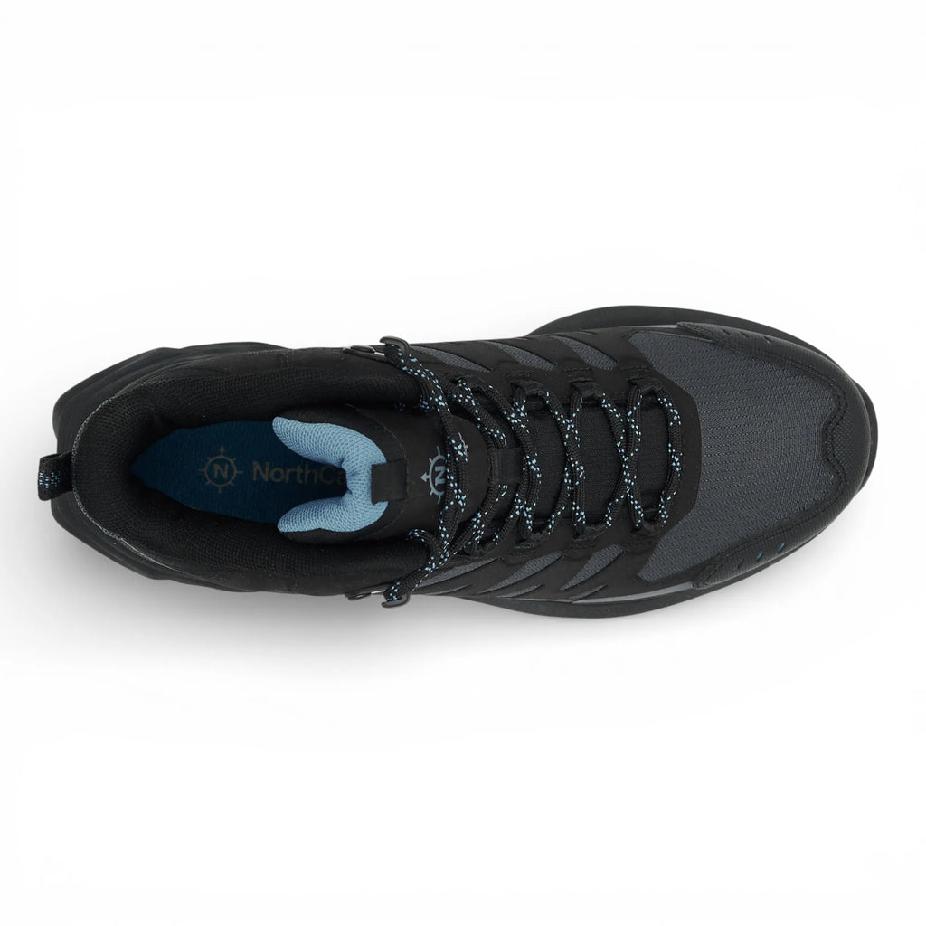 Black hiking boot with visible brand logo on a white background