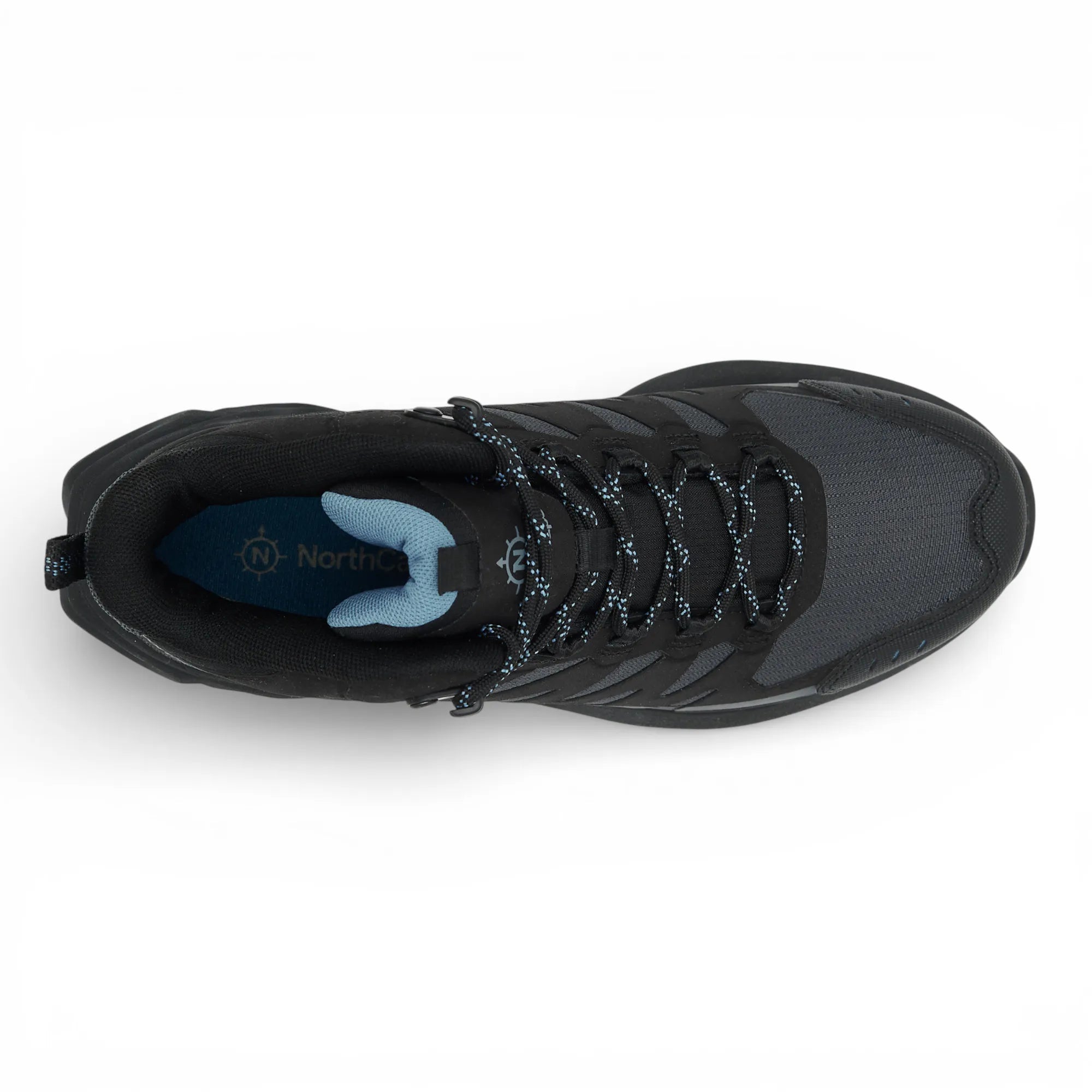 Black hiking boot with visible brand logo on a white background