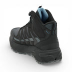 Black hiking boot with visible brand logo on a white background