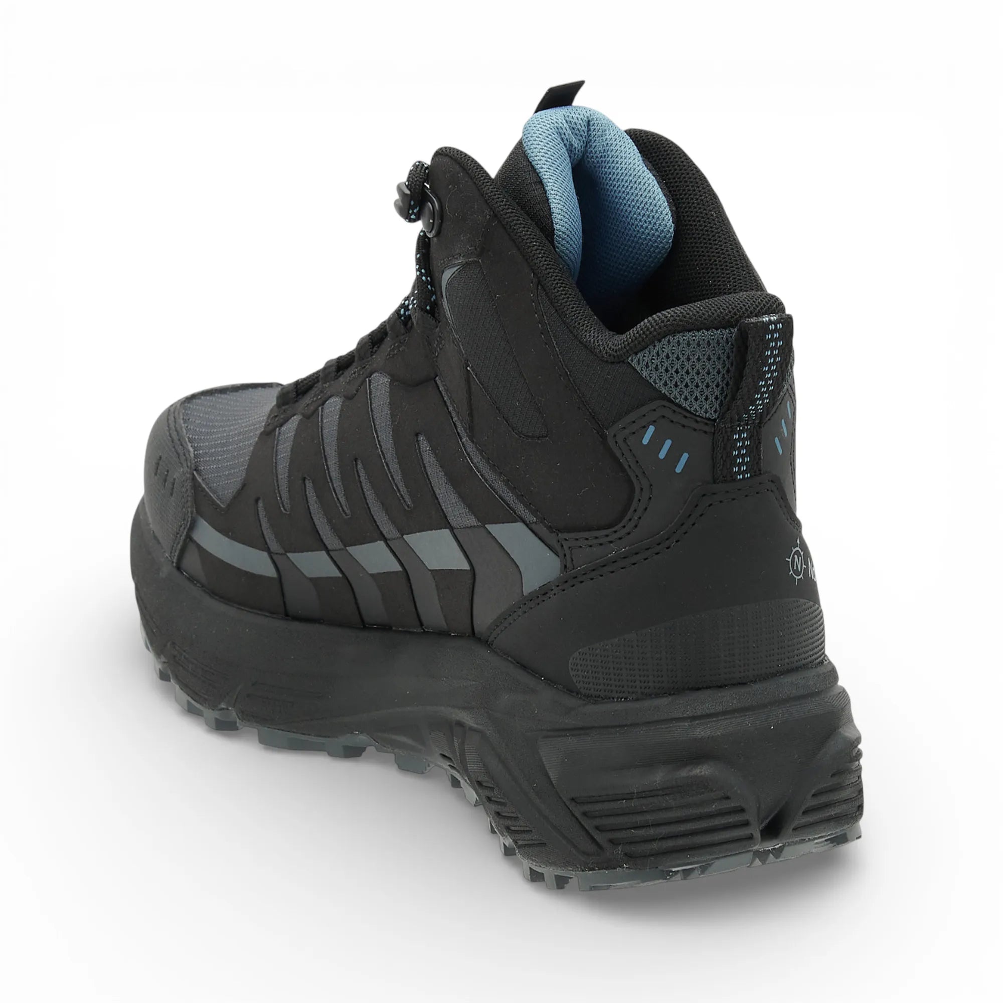 Black hiking boot with visible brand logo on a white background