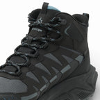 Black hiking boot with visible brand logo on a white background