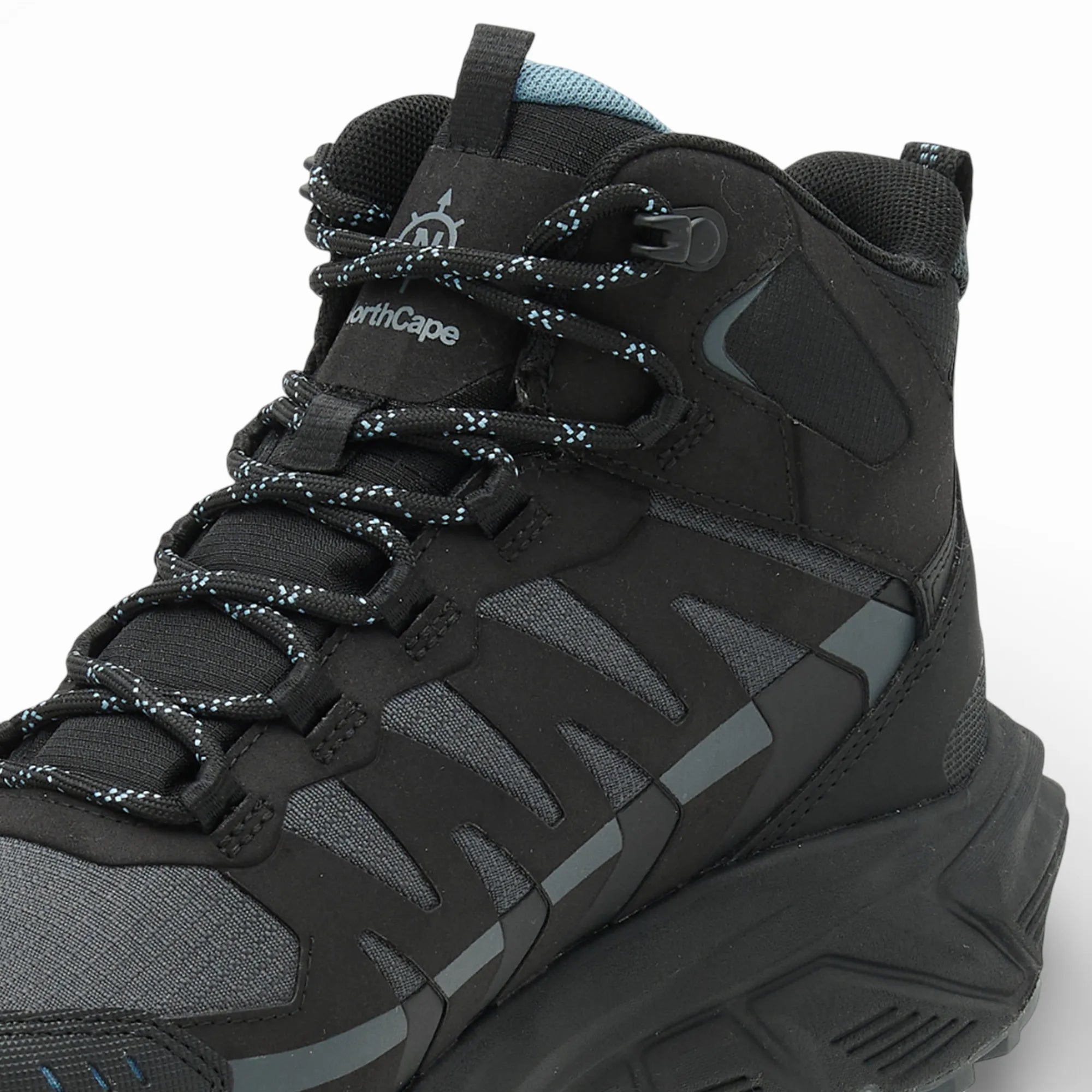Black hiking boot with visible brand logo on a white background