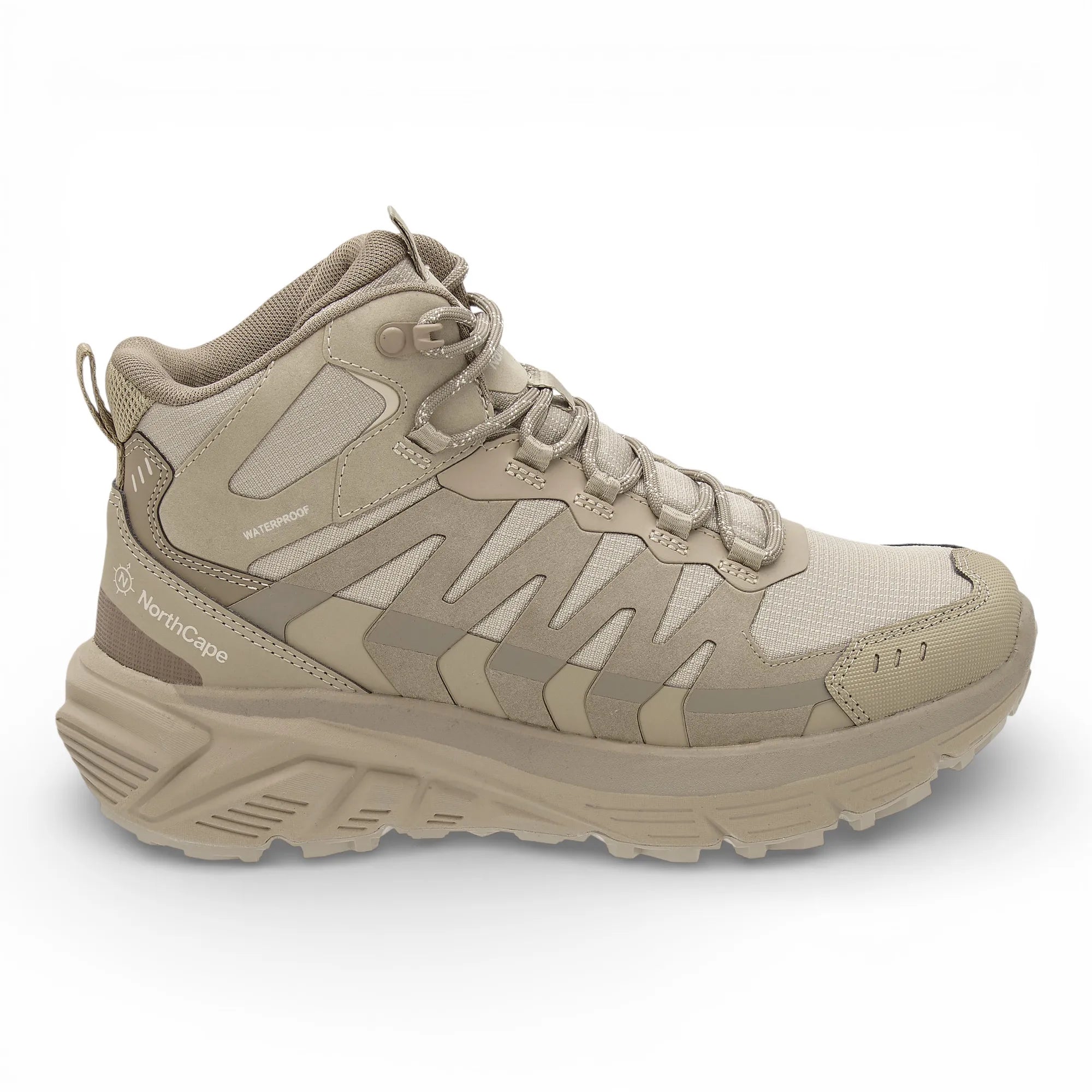 Beige hiking boot with brand logo on a white background