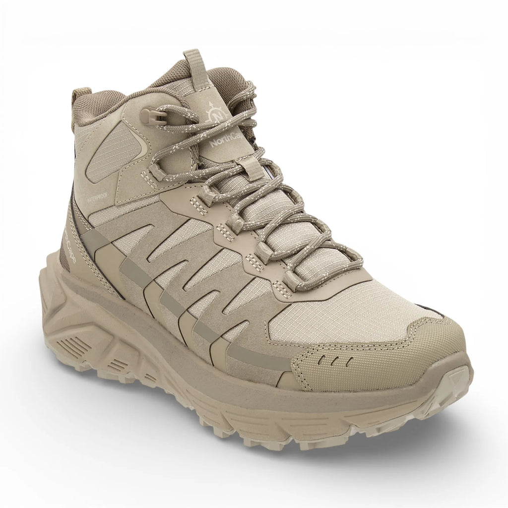 Beige hiking boot with brand logo on a white background