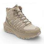 Beige hiking boot with brand logo on a white background