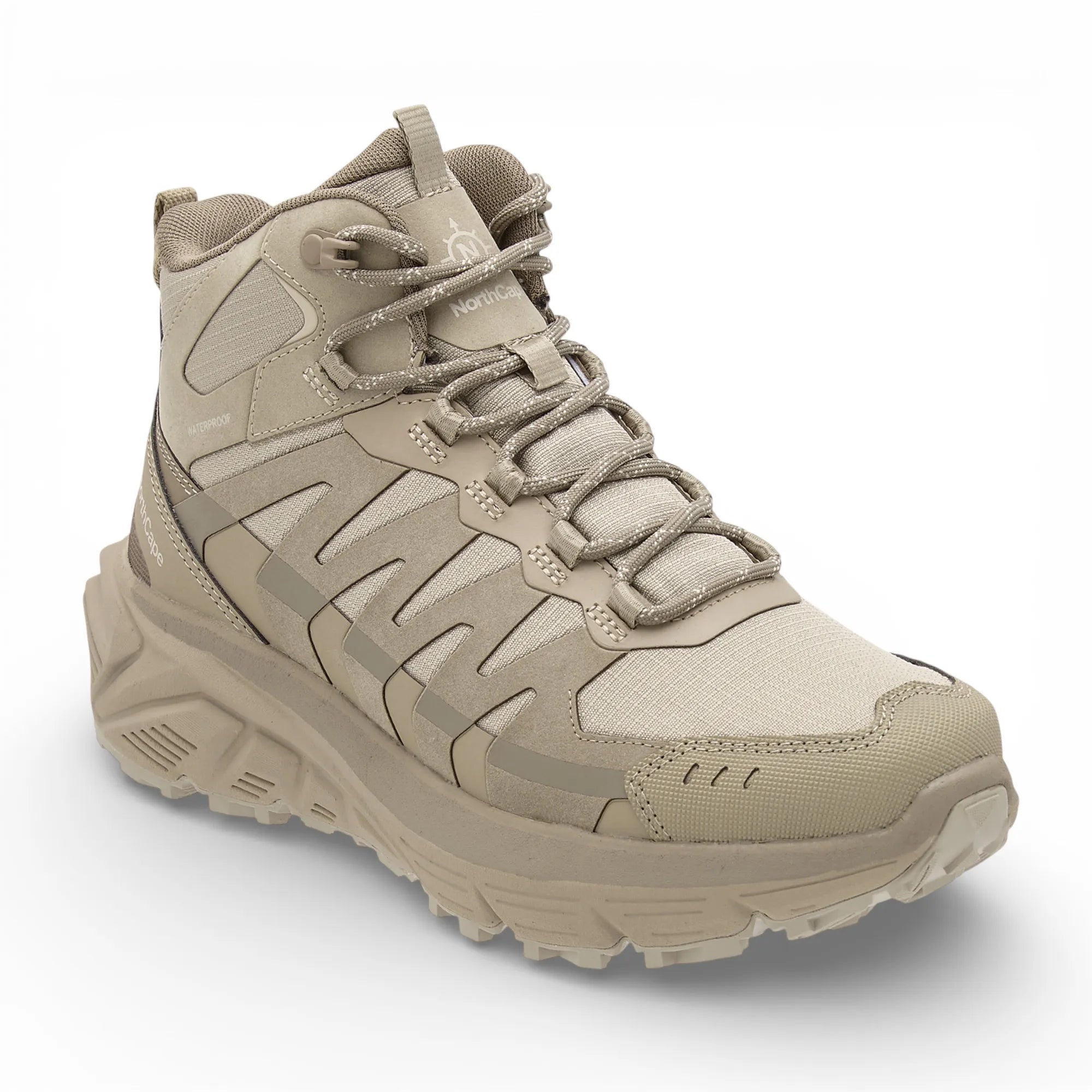 Beige hiking boot with brand logo on a white background
