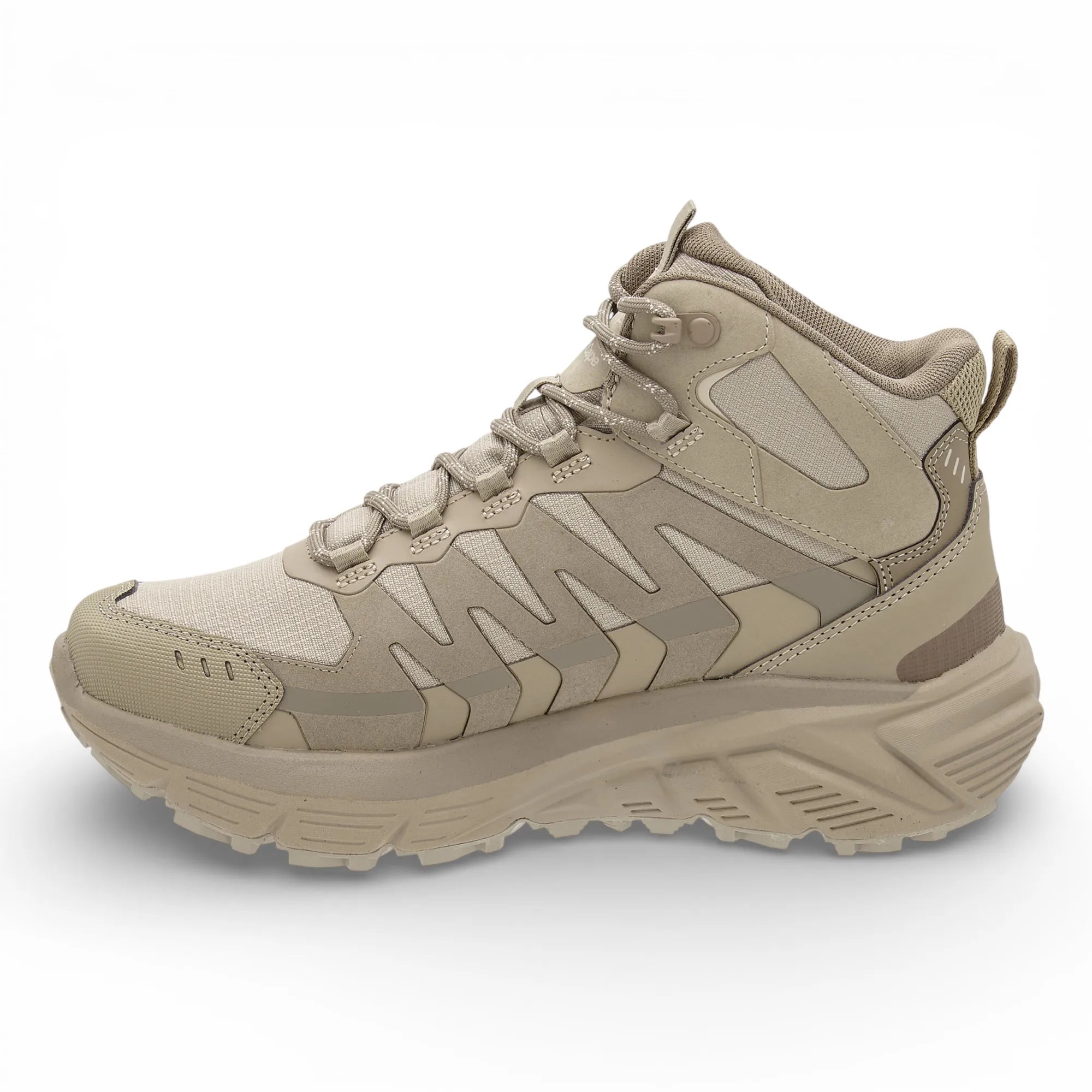 Beige hiking boot with brand logo on a white background