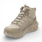 Beige hiking boot with brand logo on a white background