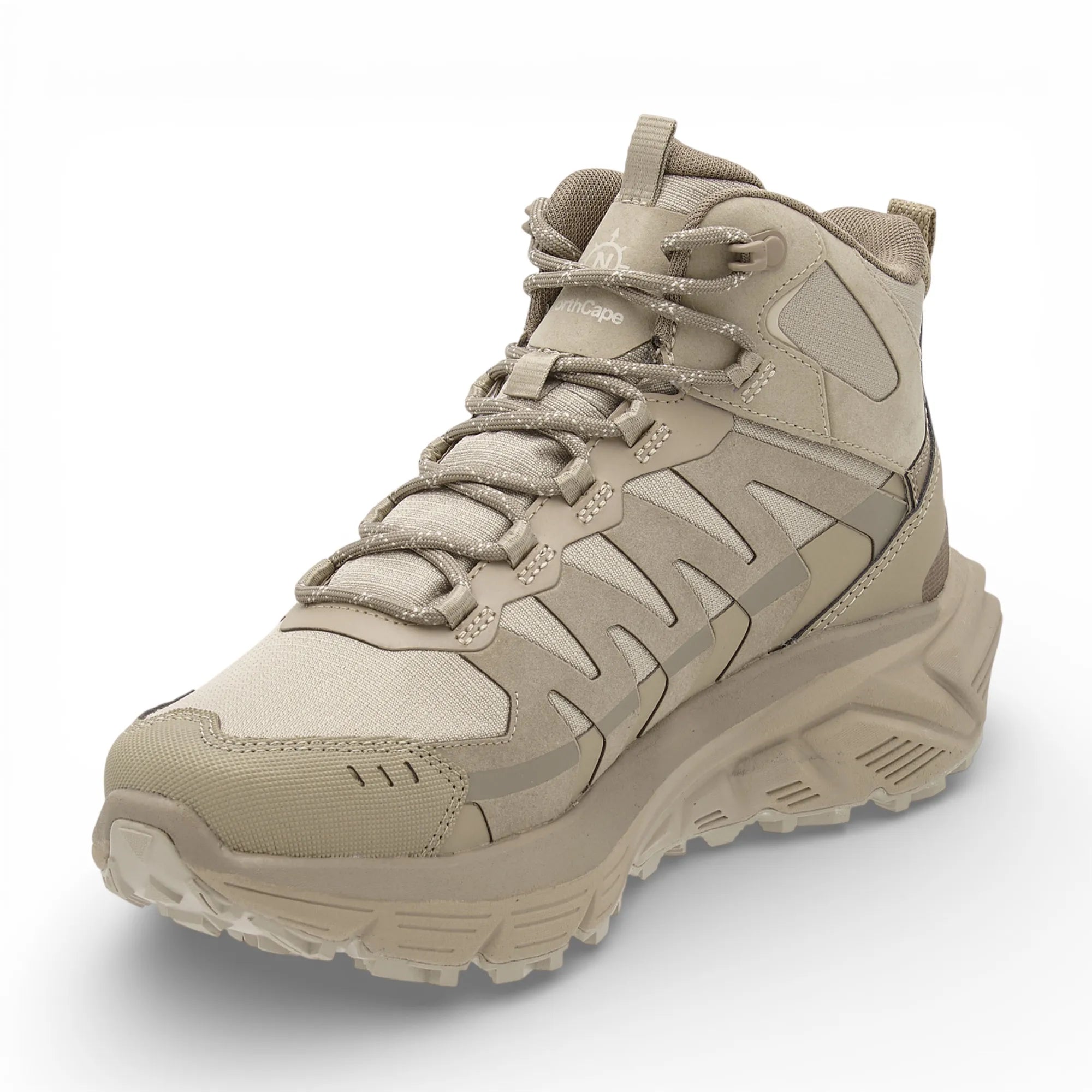 Beige hiking boot with brand logo on a white background