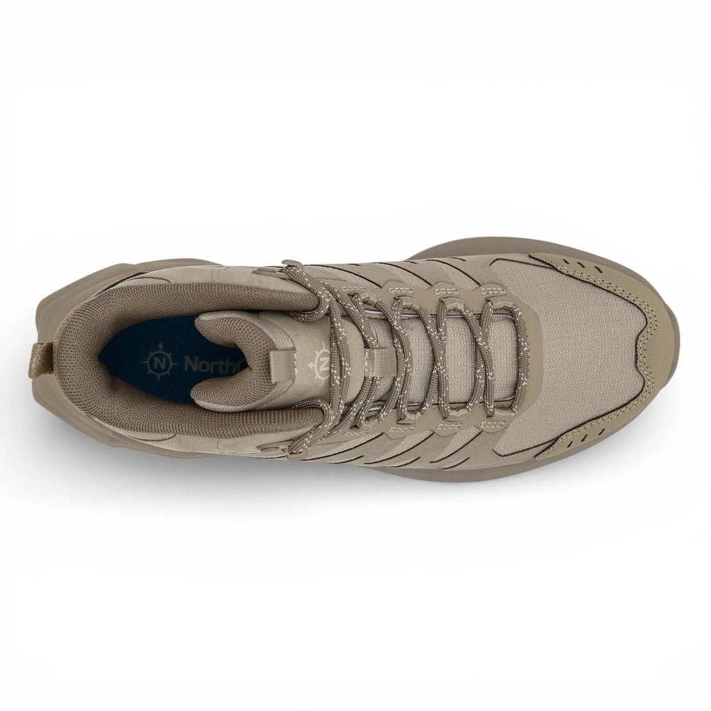 Beige hiking boot with brand logo on a white background