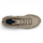 Beige hiking boot with brand logo on a white background