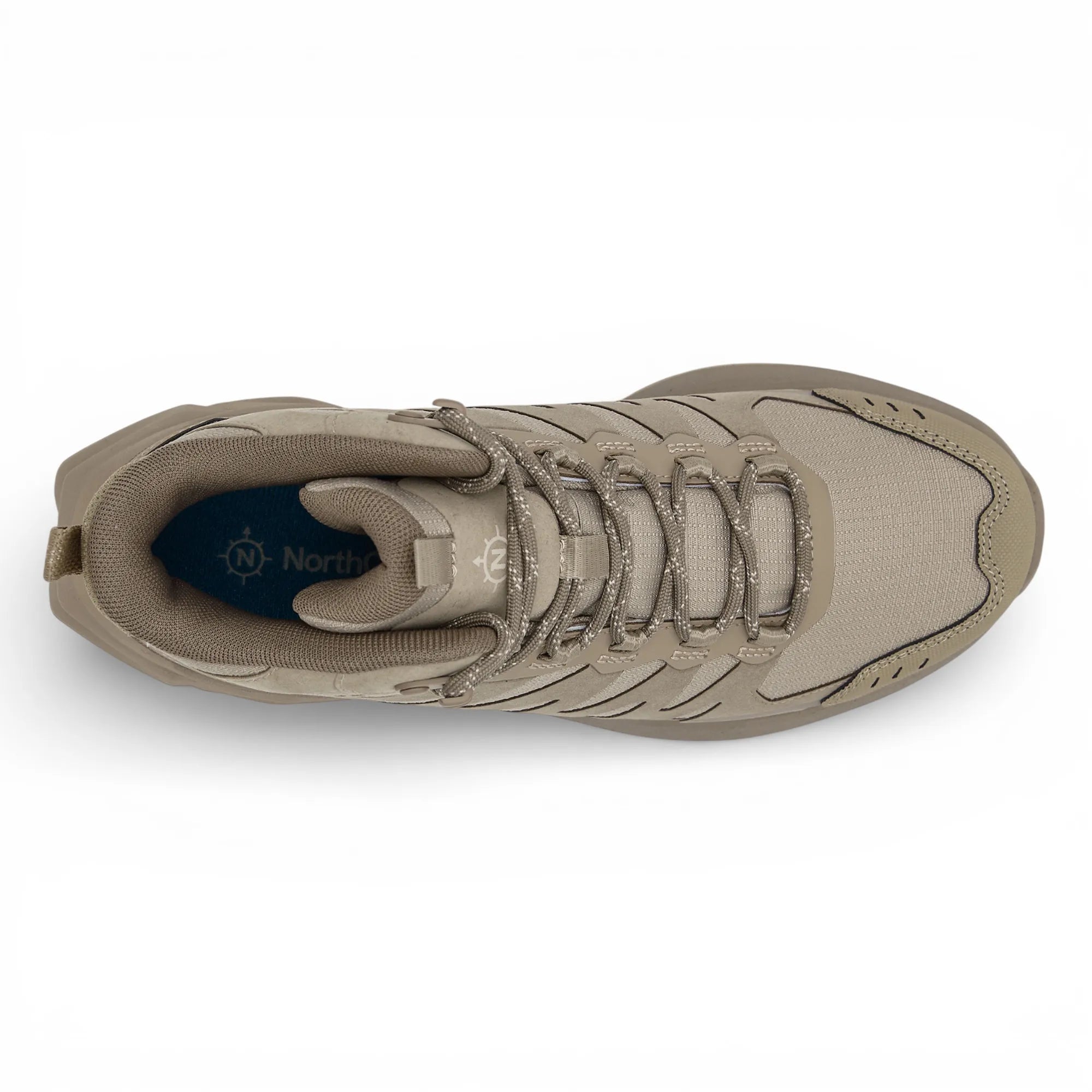 Beige hiking boot with brand logo on a white background