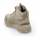 Beige hiking boot with brand logo on a white background