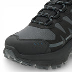 Close-up of a black and gray hiking boot with a white background
