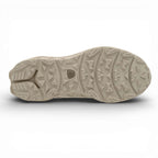 Close-up of a beige shoe sole with tread pattern on a white background